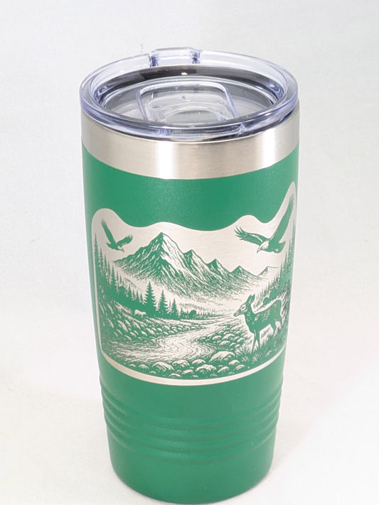 20 oz green Polar Camel tumbler with laser engraved mountain river scene showing deer, eagles, pine trees, and flowing river