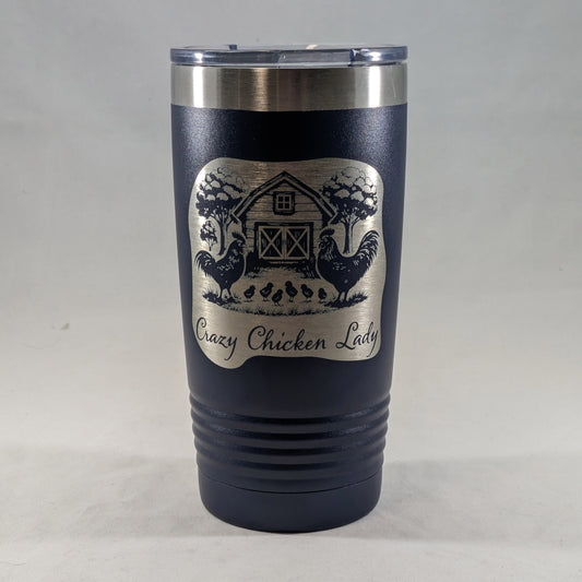 20 oz navy Polar Camel tumbler with laser engraved Crazy Chicken Lady design showing barn, rooster, hen, and chicks