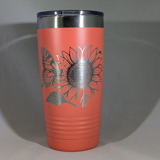 20 oz Coral Polar Tumbler - Sunflower and Butterfly Design - Kemner Design