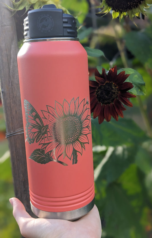 32 oz Polar Camel Laser Engraved Water Bottle – Sunflower and Butterfly