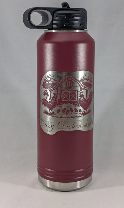 40 oz maroon Polar Camel water bottle with laser engraved Crazy Chicken Lady barnyard design showing hens, rooster, and coop