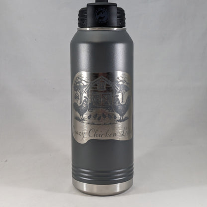 32 oz gray Polar Camel water bottle with laser engraved Crazy Chicken Lady barnyard scene, silver engraving on gray powder coat