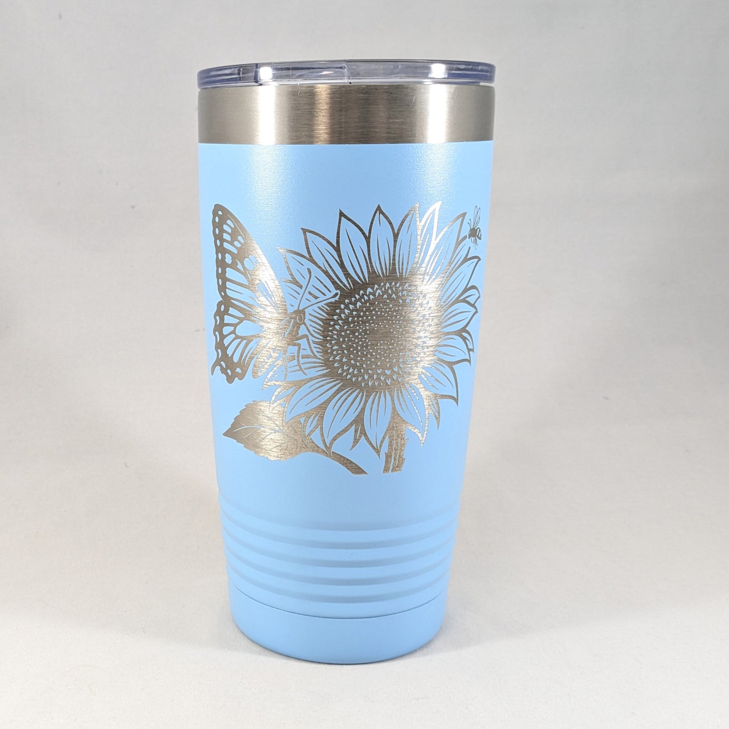 20 oz Light Blue Polar Tumbler - Sunflower and Butterfly Design