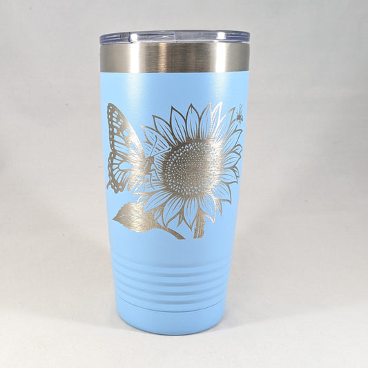 20 oz Light Blue Polar Tumbler - Sunflower and Butterfly Design - Kemner Design