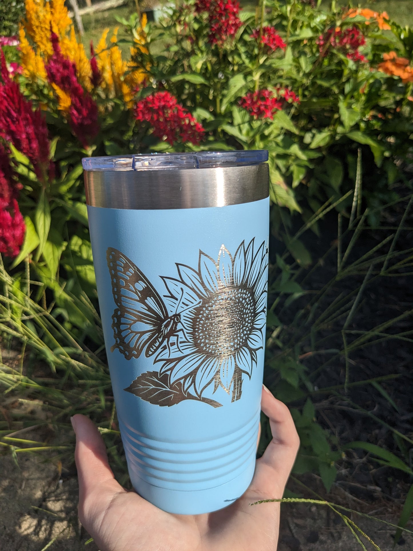 20 oz Light Blue Polar Tumbler - Sunflower and Butterfly Design