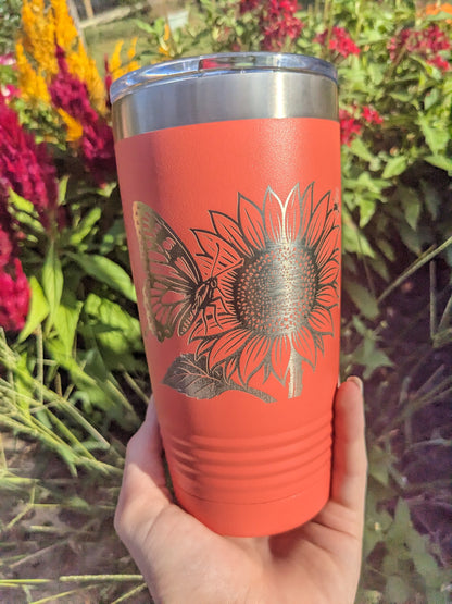 20 oz Coral Polar Tumbler - Sunflower and Butterfly Design - Kemner Design