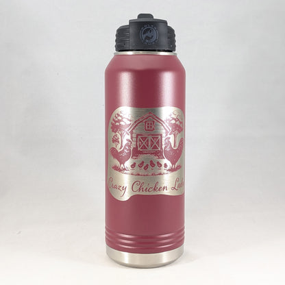 32 oz maroon Polar Camel water bottle with laser engraved Crazy Chicken Lady barnyard scene showing barn, rooster, hen, and chicks