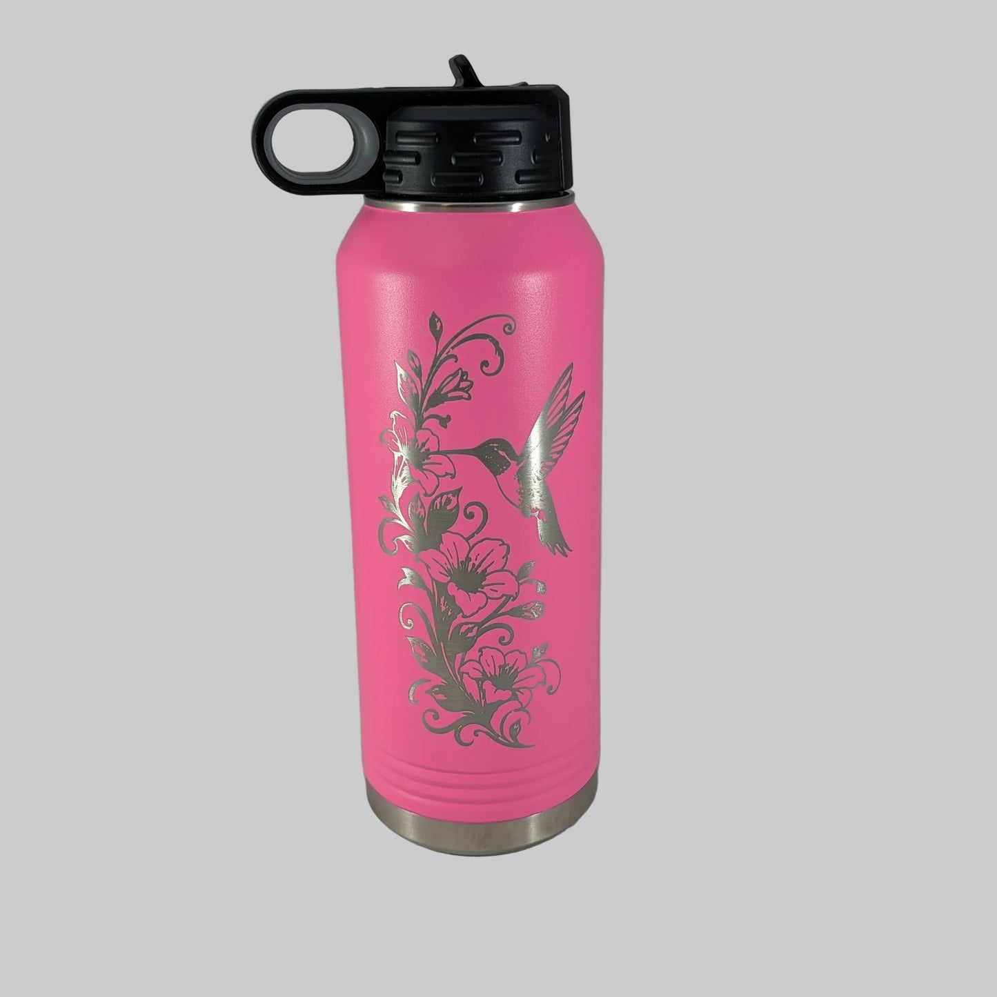 32 oz Pink Polar Camel Laser Engraved Water Bottle with Hummingbird and Floral Design