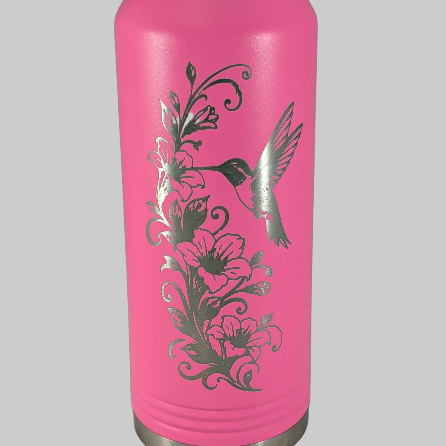32 oz Pink Polar Camel Laser Engraved Water Bottle with Hummingbird and Floral Design