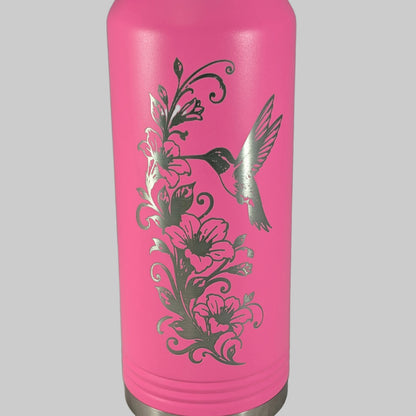 32 oz Pink Polar Camel Laser Engraved Water Bottle with Hummingbird and Floral Design