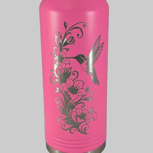32 oz Pink Polar Camel Laser Engraved Water Bottle with Hummingbird and Floral Design