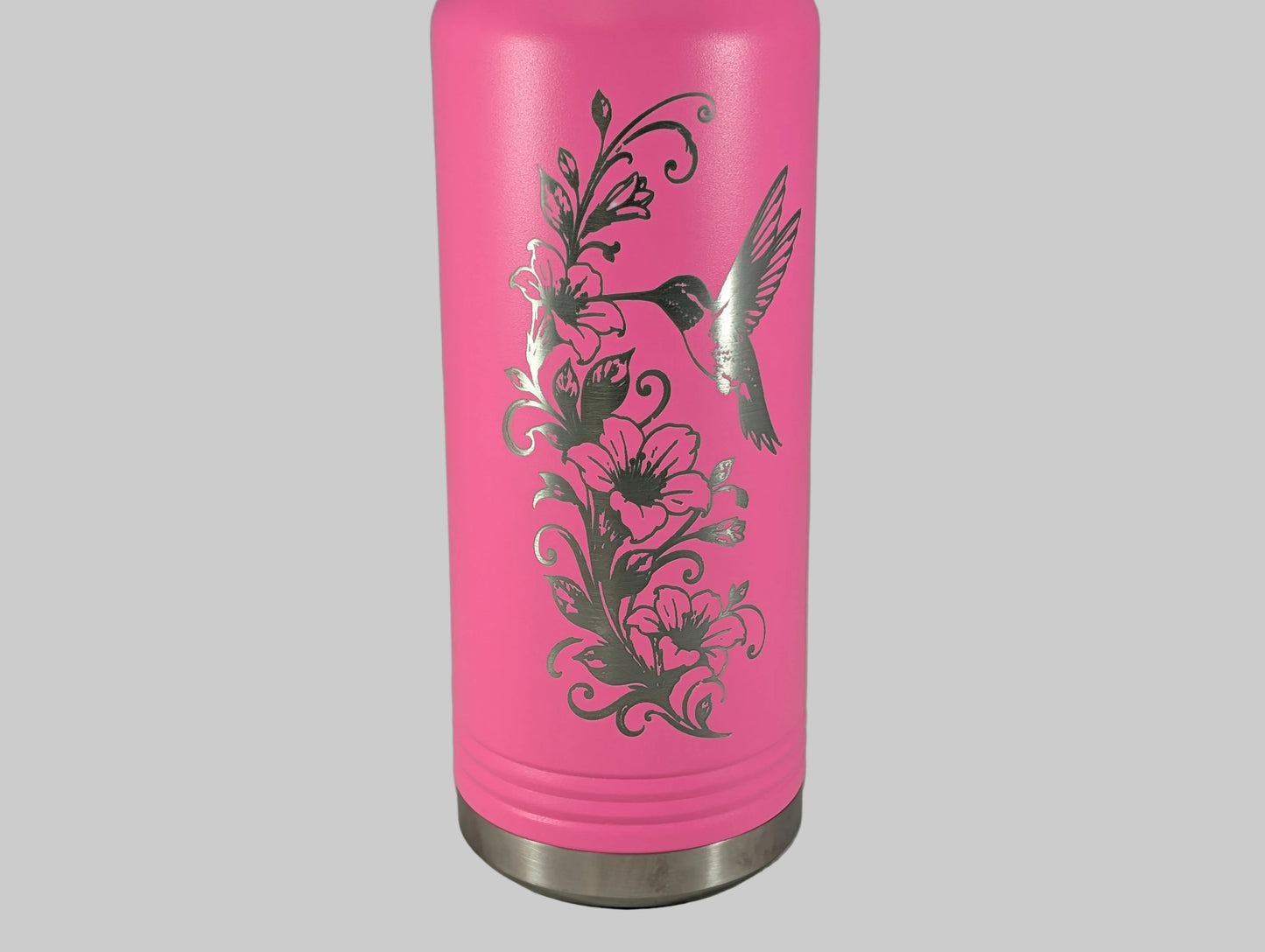 32 oz Pink Polar Camel Laser Engraved Water Bottle with Hummingbird and Floral Design