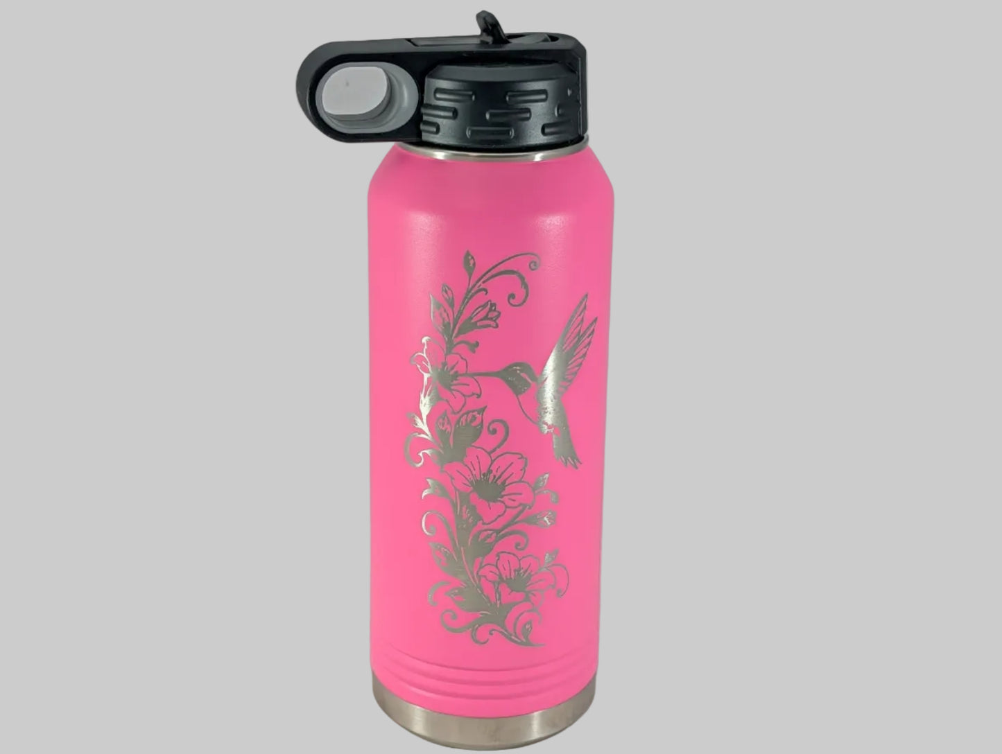 32 oz Pink Polar Camel Laser Engraved Water Bottle with Hummingbird and Floral Design