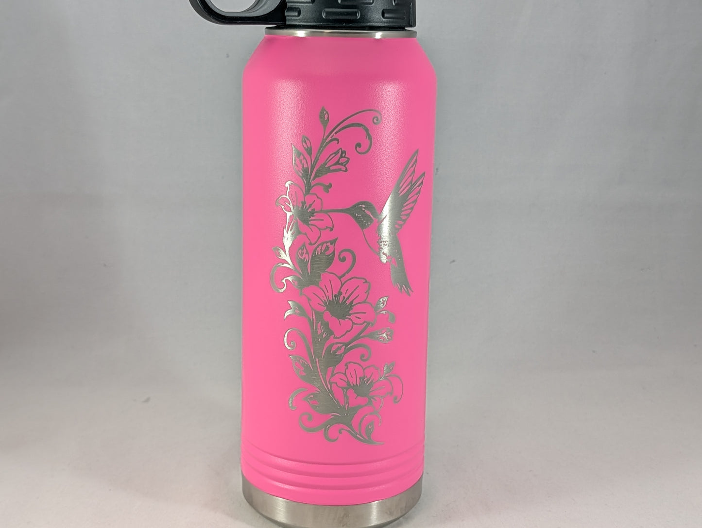 32 oz Pink Polar Camel Laser Engraved Water Bottle with Hummingbird and Floral Design