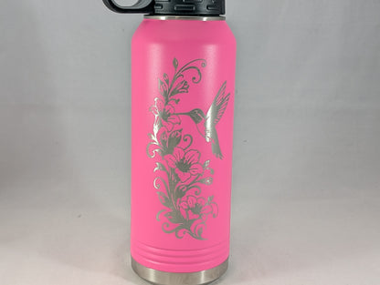 32 oz Pink Polar Camel Laser Engraved Water Bottle with Hummingbird and Floral Design