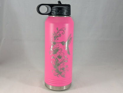 32 oz Pink Polar Camel Laser Engraved Water Bottle with Hummingbird and Floral Design