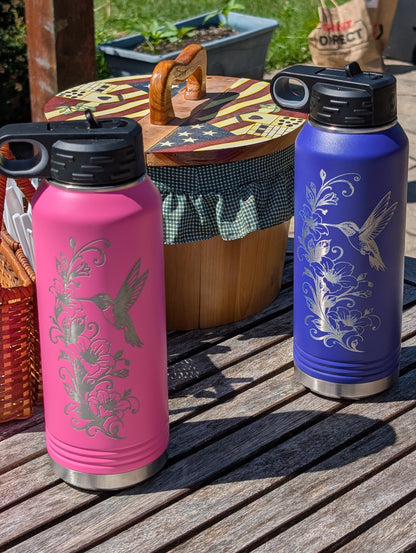 32 oz Pink Polar Camel Laser Engraved Water Bottle with Hummingbird and Floral Design