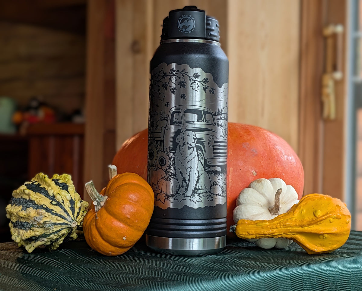 32 oz Black Polar Camel Laser Engraved Water Bottle - Fall Farm Dog