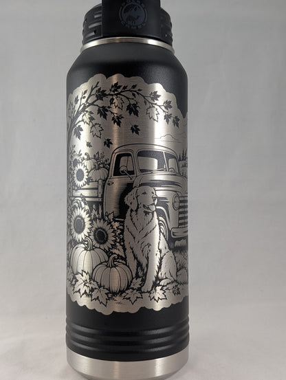 32 oz Black Polar Camel Laser Engraved Water Bottle - Fall Farm Dog
