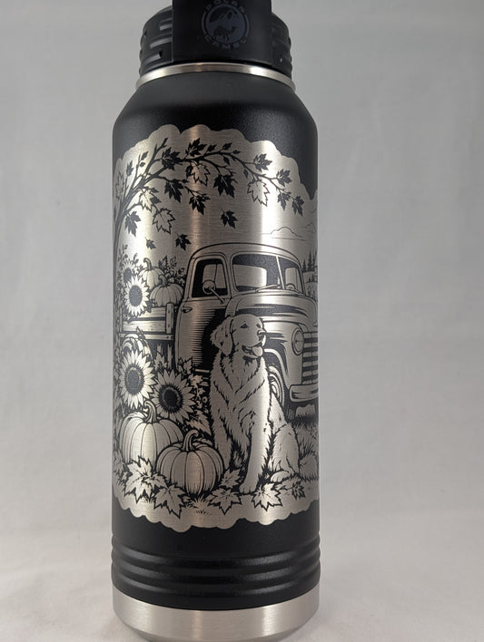 32 oz Black Polar Camel Laser Engraved Water Bottle - Fall Farm Dog