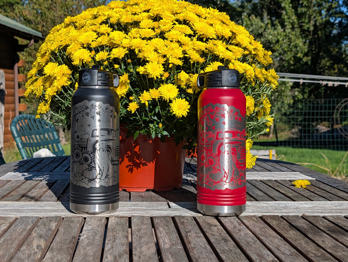 32 oz Red Polar Camel Laser Engraved Water Bottle - Fall Farm Dog
