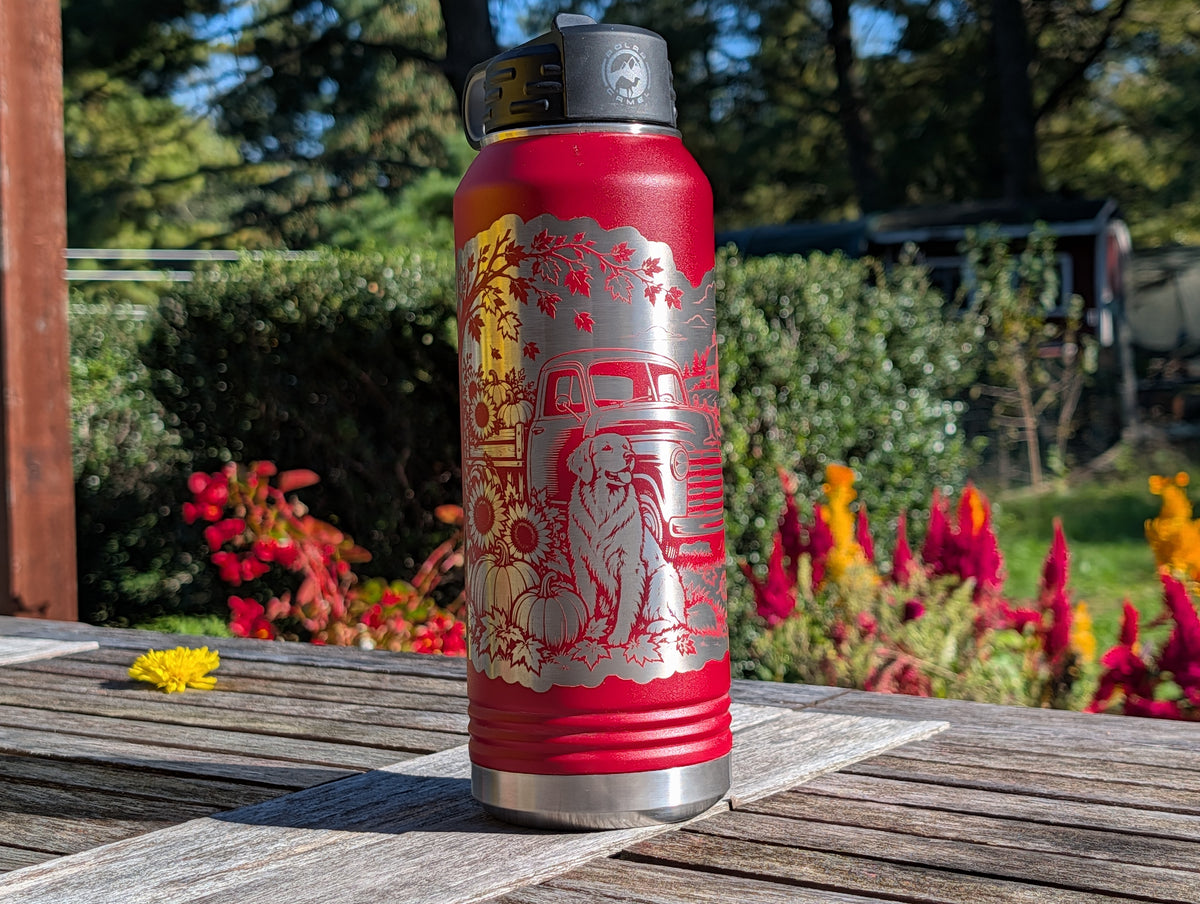 32 oz Red Polar Camel Laser Engraved Water Bottle - Fall Farm Dog