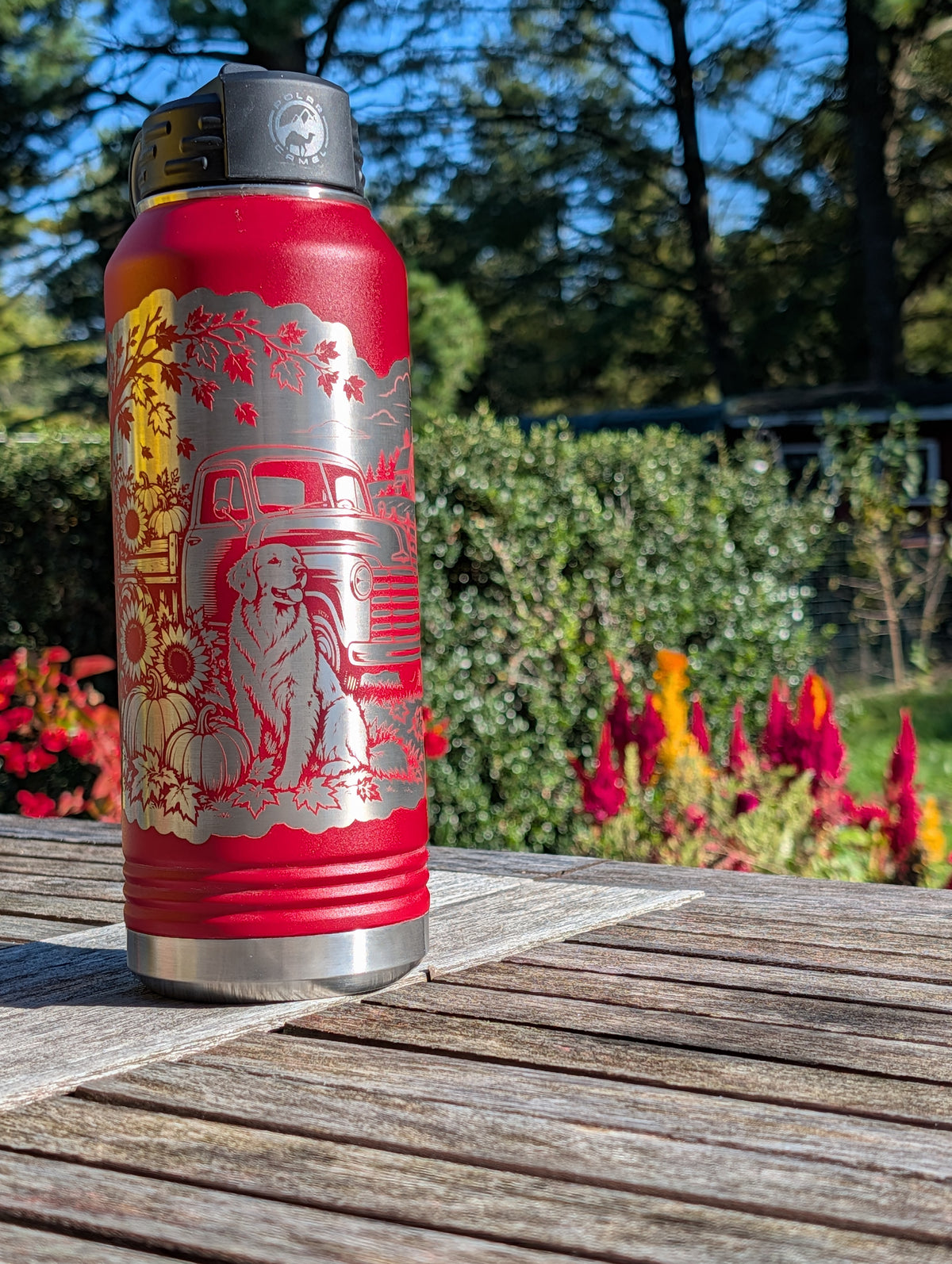 32 oz Red Polar Camel Laser Engraved Water Bottle - Fall Farm Dog