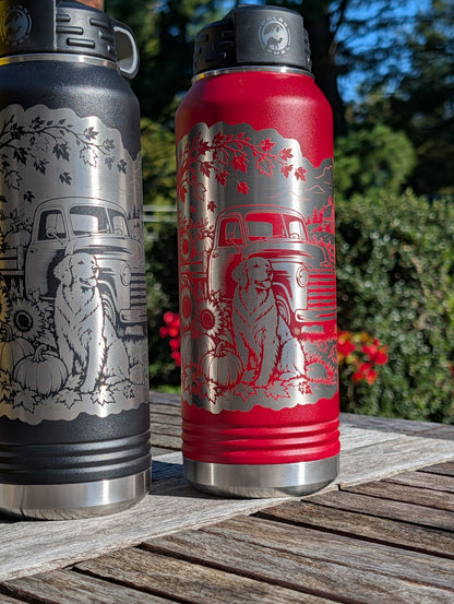 32 oz Red Polar Camel Laser Engraved Water Bottle - Fall Farm Dog