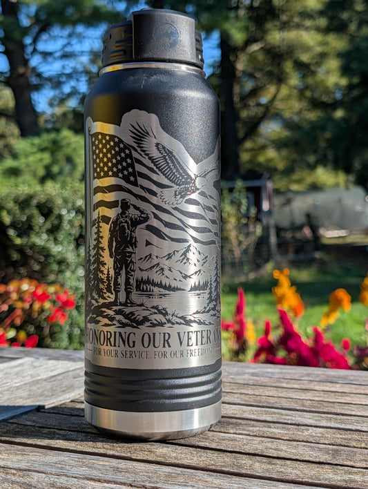 32 oz Polar Camel Black Laser Engraved Honoring Our Veterans Water Bottle