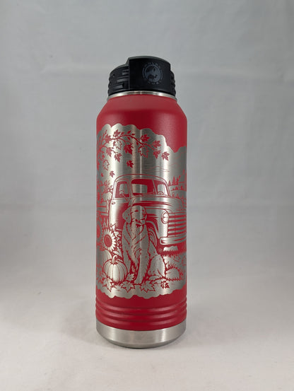 32 oz Red Polar Camel Laser Engraved Water Bottle - Fall Farm Dog