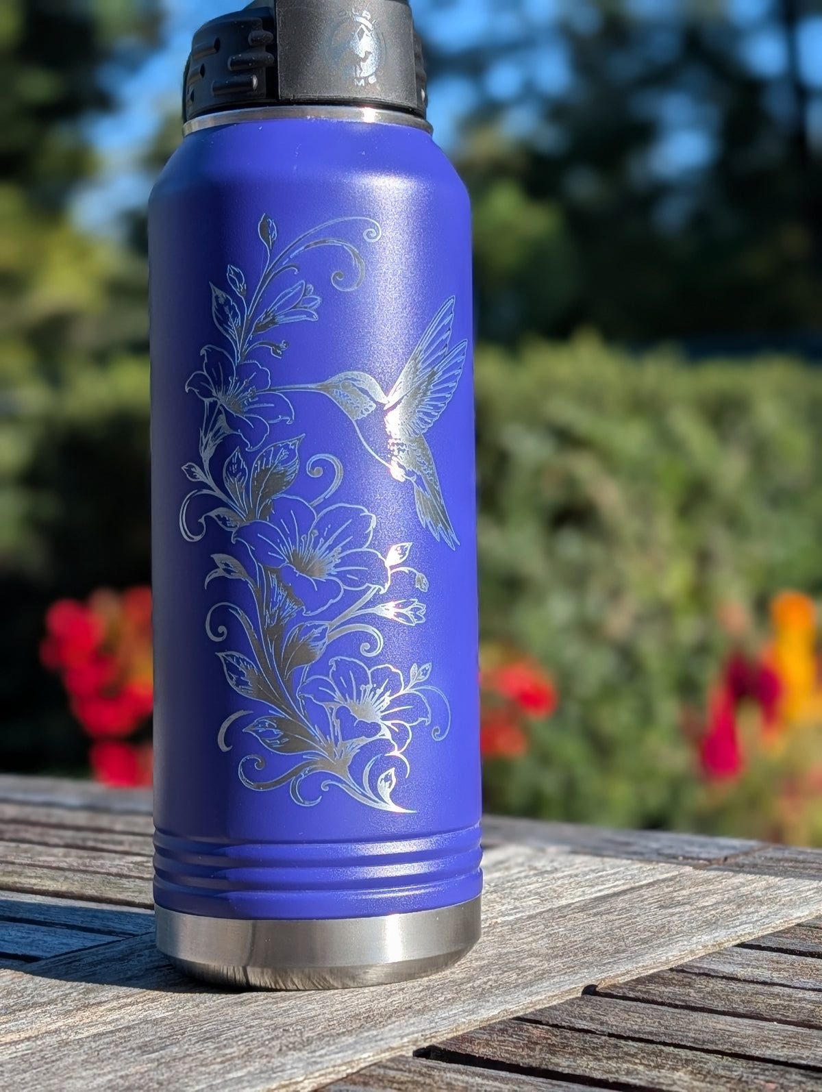 32 oz Purple Polar Camel Laser Engraved Water Bottle with Hummingbird and Floral Design