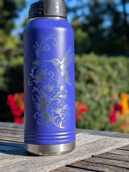 32 oz Purple Polar Camel Laser Engraved Water Bottle with Hummingbird and Floral Design