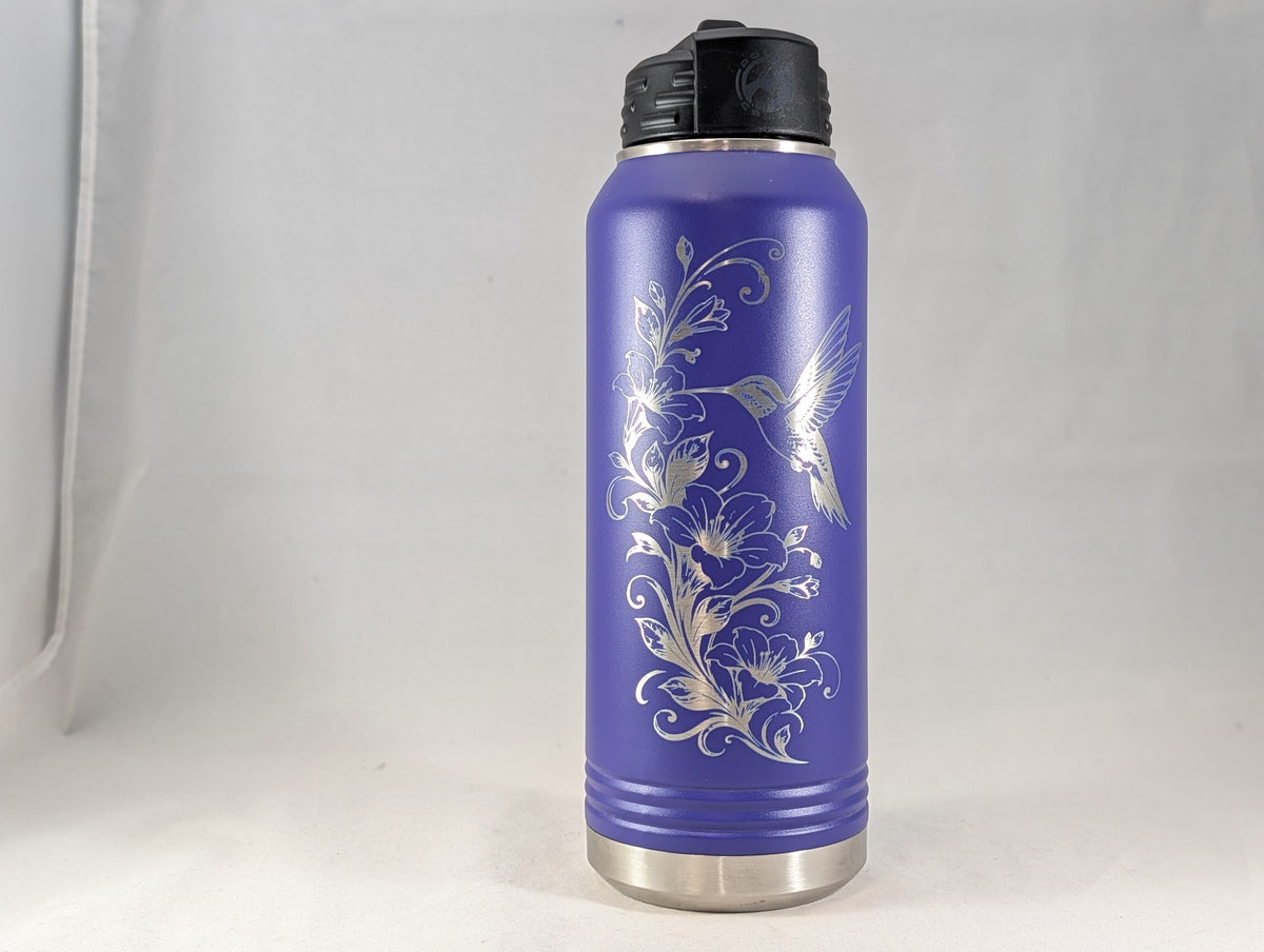 32 oz Purple Polar Camel Laser Engraved Water Bottle with Hummingbird and Floral Design