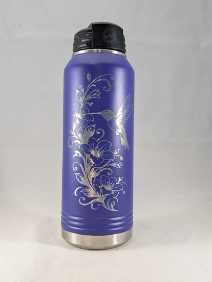 32 oz Purple Polar Camel Laser Engraved Water Bottle with Hummingbird and Floral Design