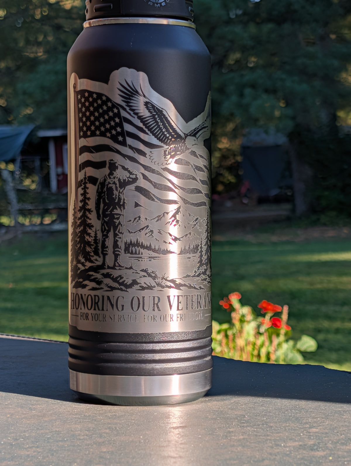 32 oz Polar Camel Black Laser Engraved Honoring Our Veterans Water Bottle